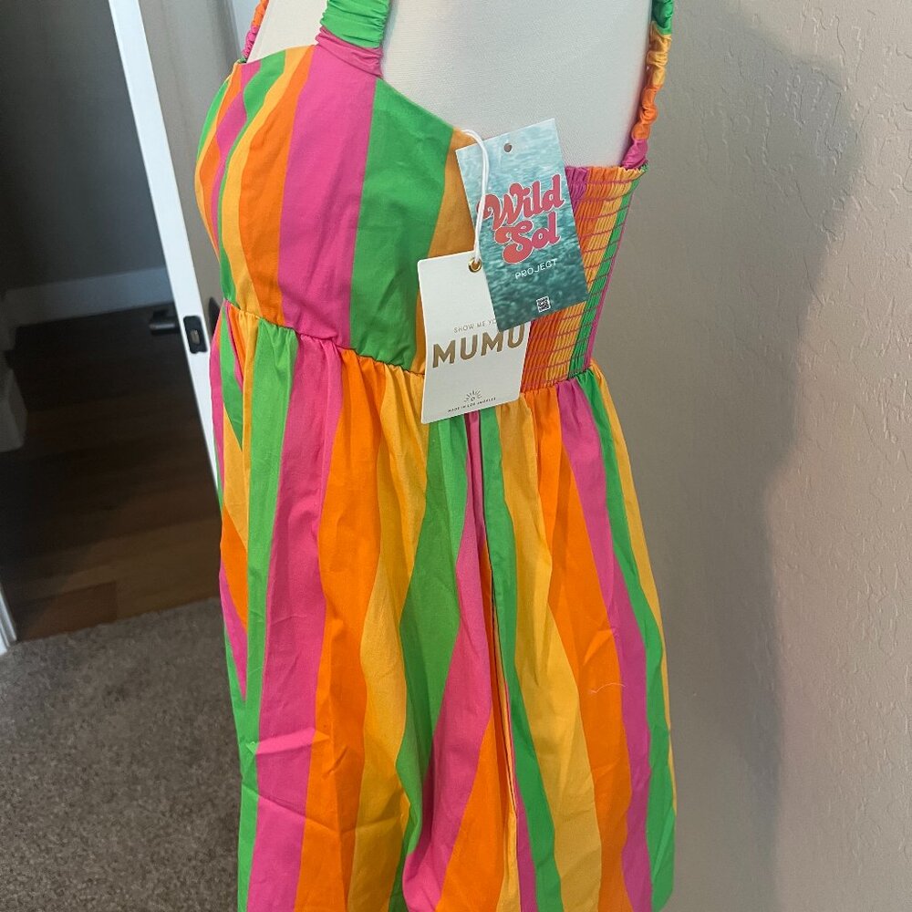 Show Me Your MuMu Neon Pink Green Orange Striped Mini Dress - Picture 11 of 15
